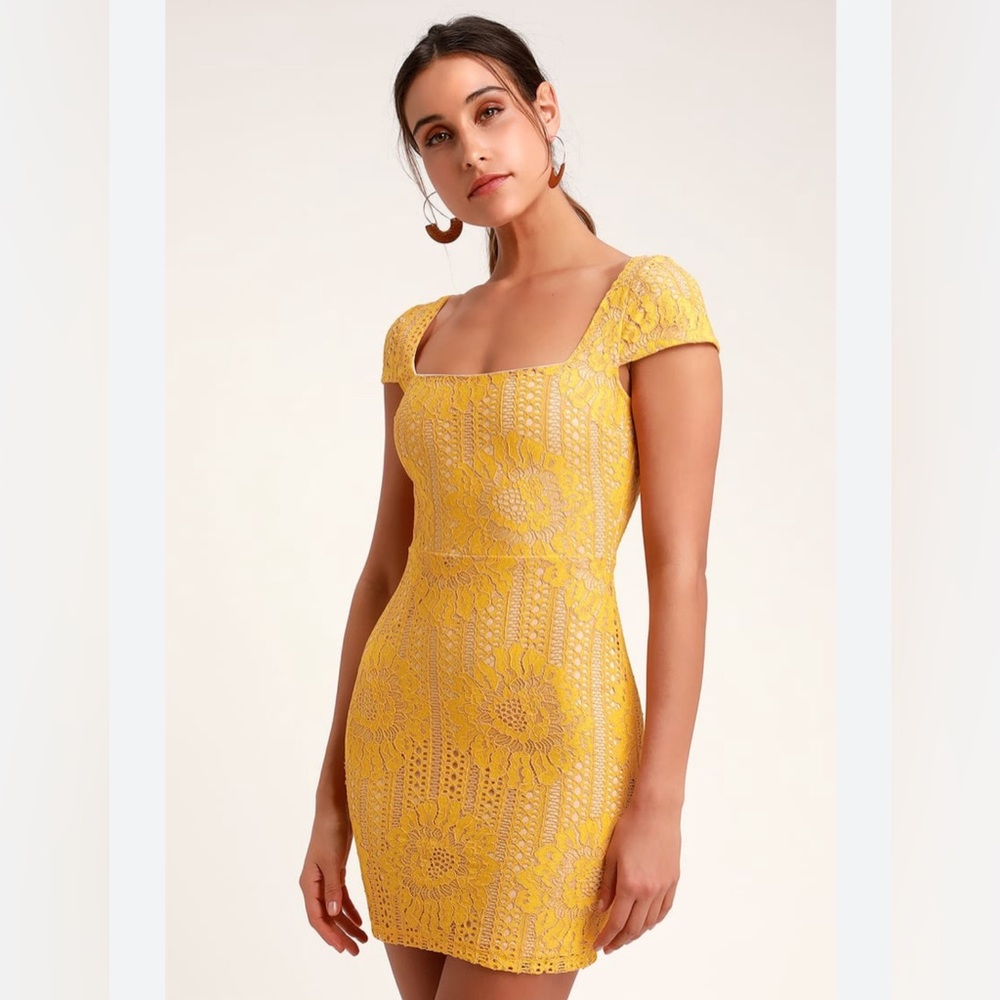 Lulu’s Lilian Yellow Lace Fitted Mini Dress